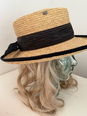 EUC Vintage Kate Lord  Straw Boater Hat with Black Trim and Ribbon